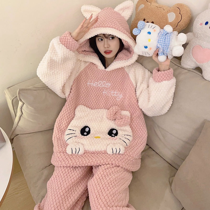 Winter Warm Thick Oversize Hooded Hello Kitty Pajama Set - USA Hijab World