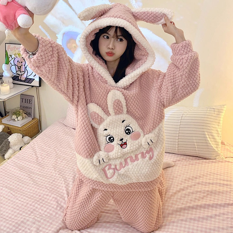 Winter Warm Thick Oversize Zippered Pajama Bunny Pink