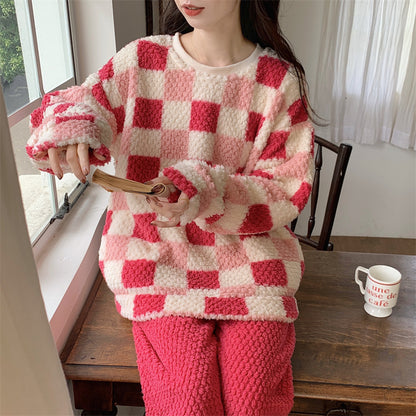 Winter Warm Thick Oversize Pajama Set Squared Pink & Red - USA Hijab World