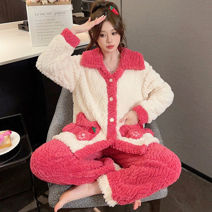 Winter pajama set for women winter sleepwear for girls Buttoned Tie Neck Red