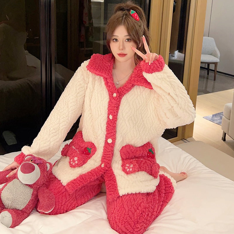 Winter pajama set for women winter sleepwear for girls Buttoned Tie Neck Red