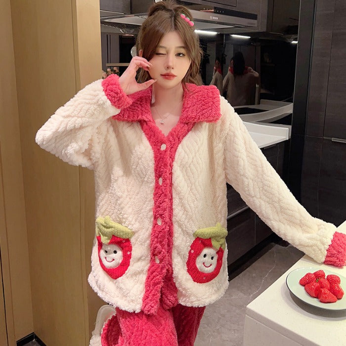 Winter pajama set for women winter sleepwear for girls Buttoned Tie Neck Red