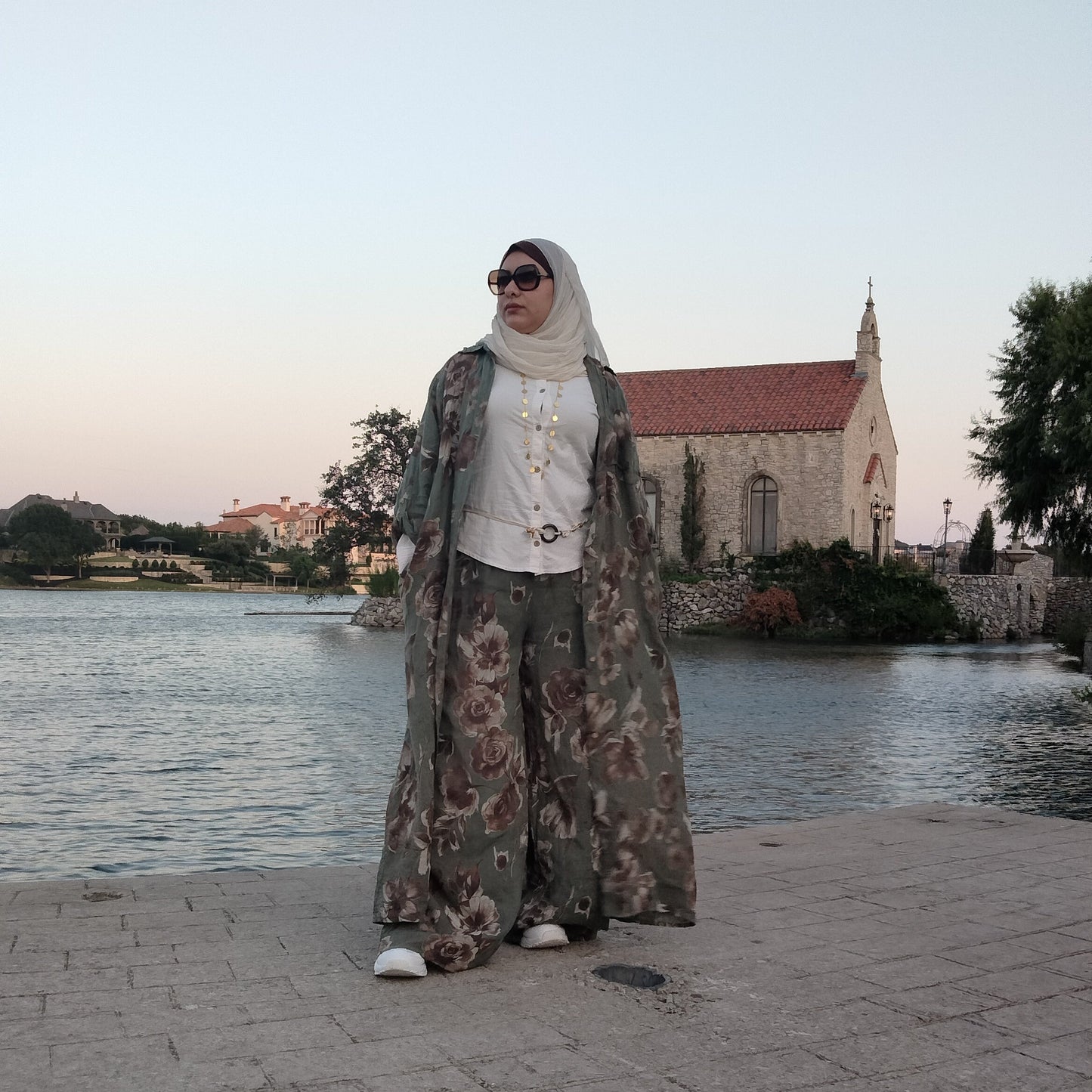 Italian Floral Dress Set with Pants Olive