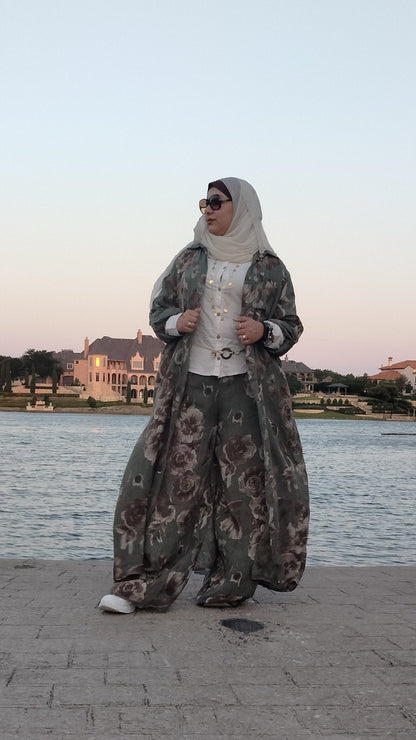 Italian Floral Dress Set with Pants Olive