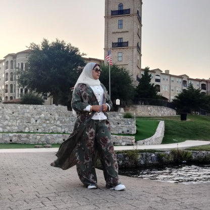 Italian Floral Dress Set with Pants Olive