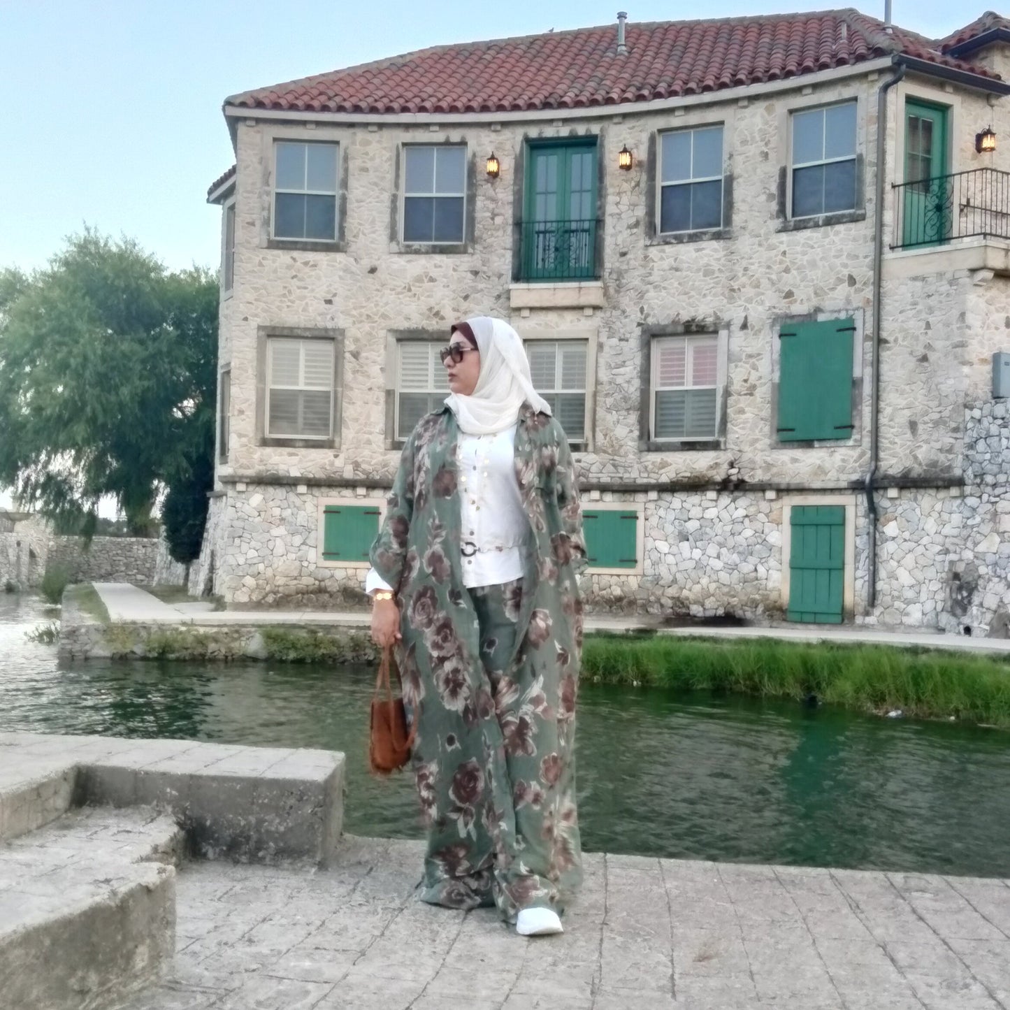 Italian Floral Dress Set with Pants Olive