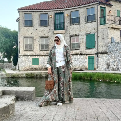 Italian Floral Dress Set with Pants Olive