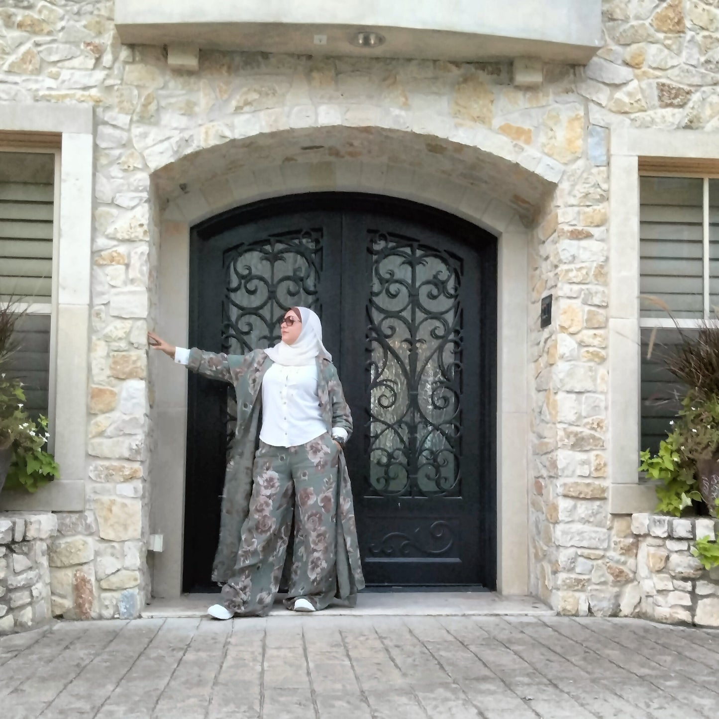 Italian Floral Dress Set with Pants Olive