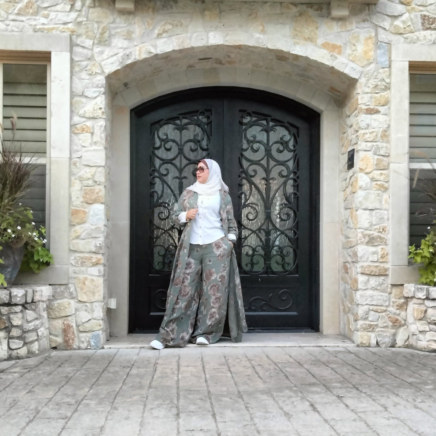 Italian Floral Dress Set with Pants Olive