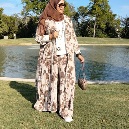 Italian Dress Floral Linen Set with wide leg Pant Beige