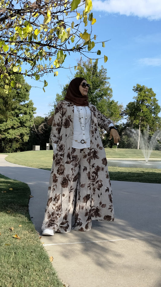 Italian Dress Floral Linen Set with wide leg Pant Beige