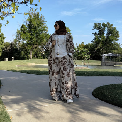 Italian Dress Floral Linen Set with wide leg Pant Beige