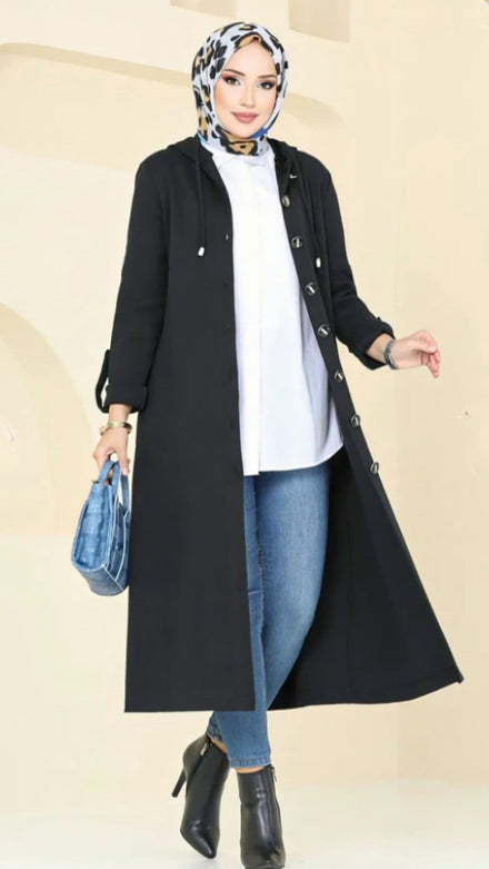 Step out in our long sleeve long coat, a hooded Tivit full sleeve overcoat with front buttons & pockets. The perfect womens black winter coat this season.