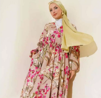 .Turkish Patterned V Neck Cotton Dress Pink - USA Hijab World