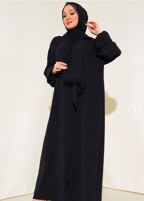 Turkish Shawl Model Elastic Arm Zippered Abaya with Attached Shawl Black - USA Hijab World