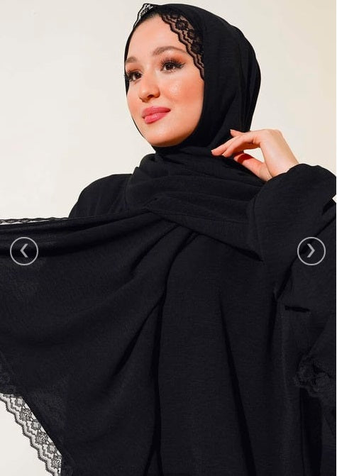 Turkish Shawl Model Elastic Arm Zippered Abaya with Attached Shawl Black - USA Hijab World