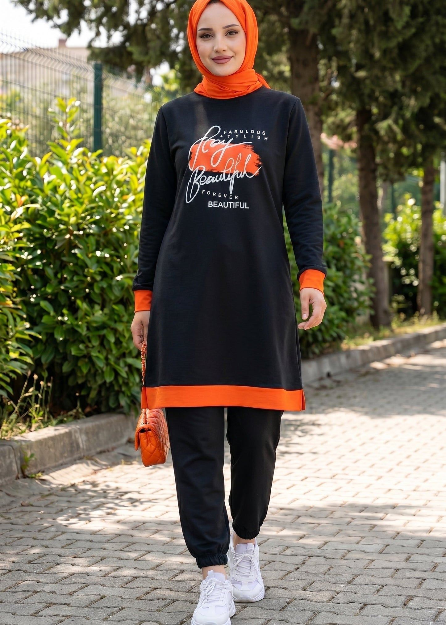 Turkish Modest Outfit -2Pcs Hooded Long Sleeve Tunic Set
