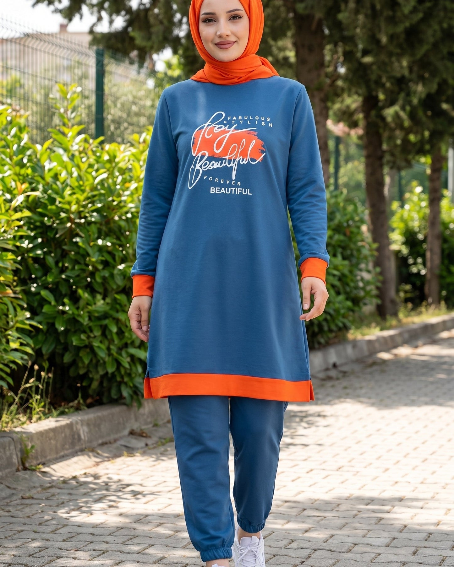 Turkish Modest Outfit -2Pcs Hooded Long Sleeve Tunic Set