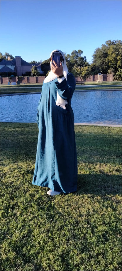 Long Sleeve Maxi Linen Dress Blue - USA Hijab World