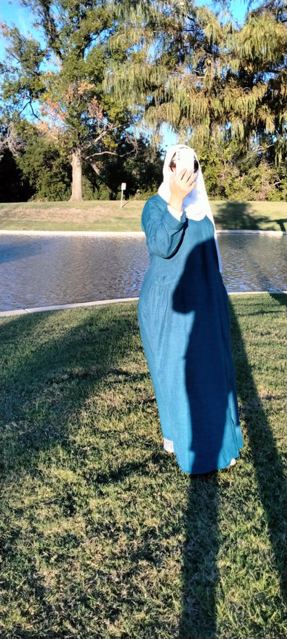 Long Sleeve Maxi Linen Dress Blue - USA Hijab World