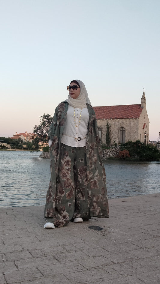 Italian Linen Floral Set Olive