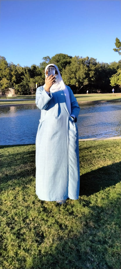 Long Sleeve Maxi Linen Dress Light Blue - USA Hijab World