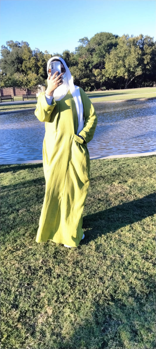 Long Sleeve Maxi Linen Dress Lime Green - USA Hijab World