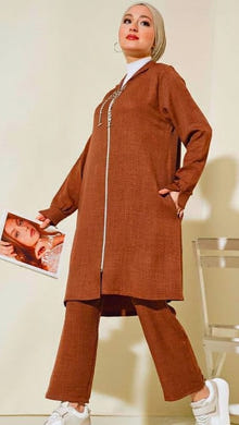 Linen Two Piece Set | Turkish Zip Up Brown Linen Pant Set