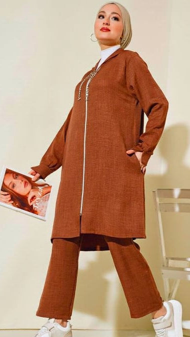 Linen Two Piece Set | Turkish Zip Up Brown Linen Pant Set