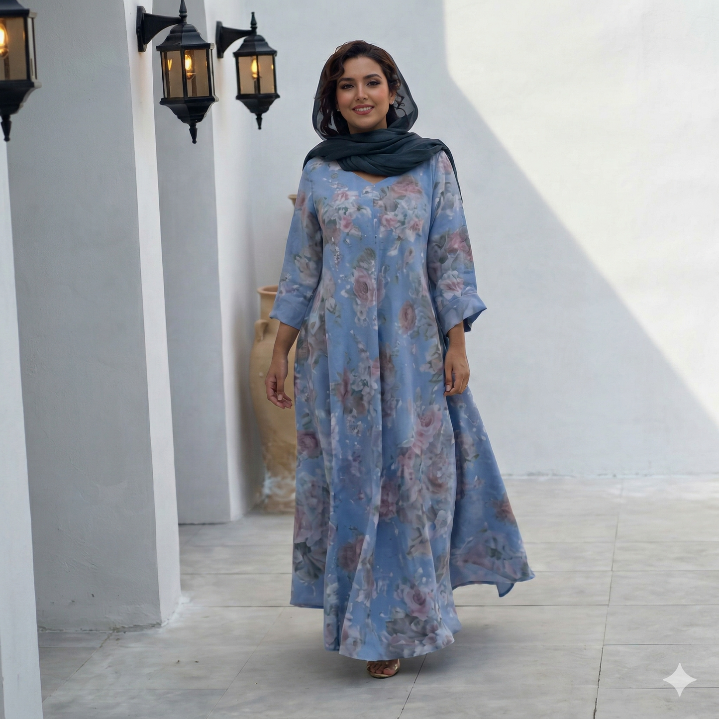 Italian Linen Dress V Neck Blue Matte  Color