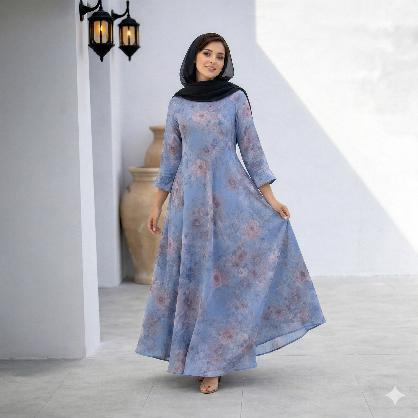 Italian Linen Dress V Neck Blue Matte  Color