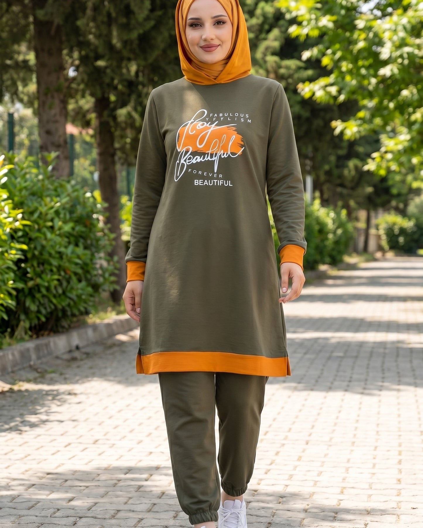 Turkish Modest Outfit -2Pcs Hooded Long Sleeve Tunic Set