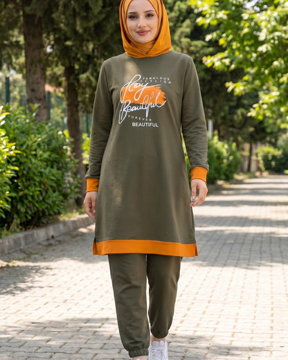 Turkish Modest Outfit -2Pcs Hooded Long Sleeve Tunic Set