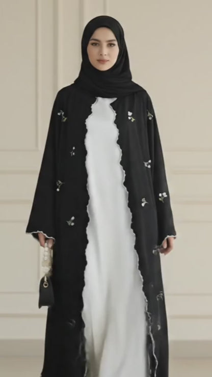 Modest Wear 3 Piece Floral Embroidery Dubai Abaya with Inner and Hijab