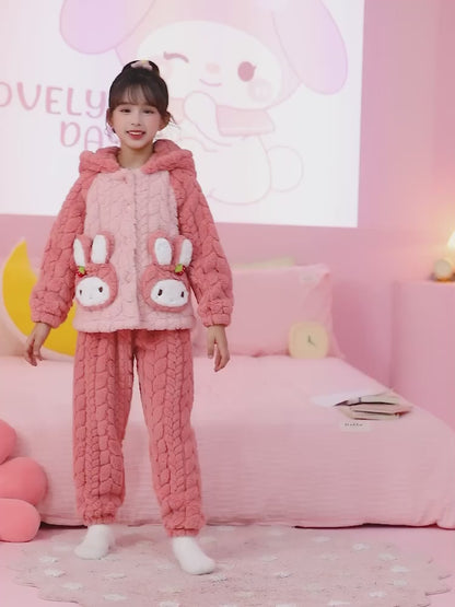 Winter Warm Thick Oversize Kids Buttoned  Pajama Pink