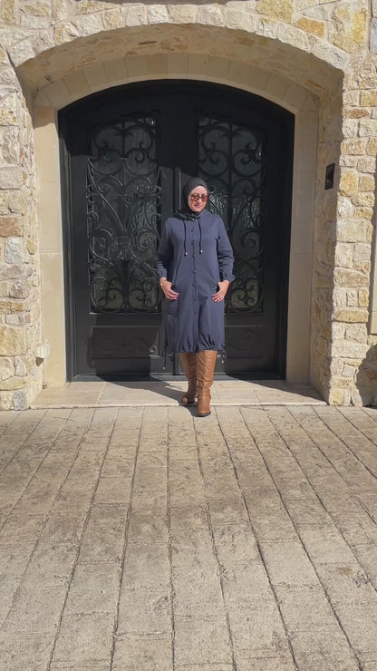 Hijab Turkish winter outfit with Hood Navy Blue
