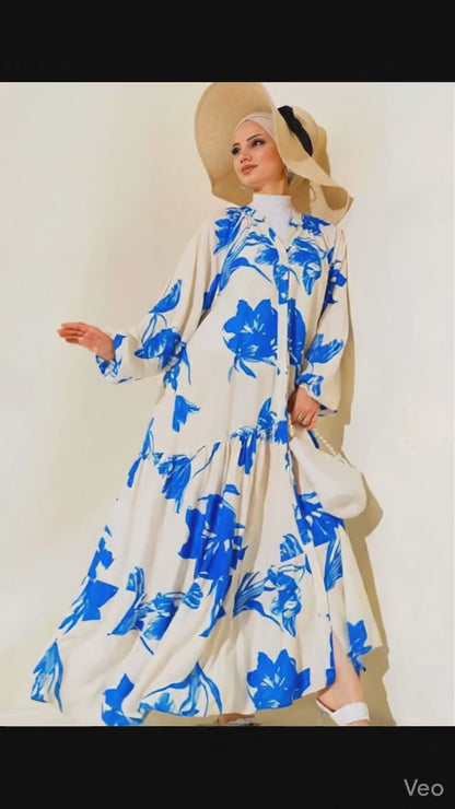 Modest Turkish Dress with Patterned Collar Blacks Saxe Blue