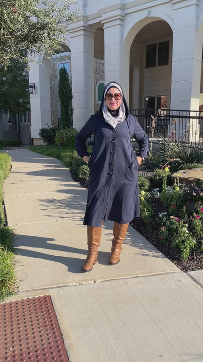 Modest Fashion, Turkish Long Sleeve Buttoned Overcoat – Navy Blue