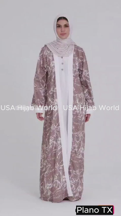 Dubai Shrug Abaya With Abstract Print In Brown  عباية اماراتي مع بيزيك قطن