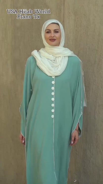 Dubai Abaya with White Piping and Show Buttons on the Front and Sleeves (Cafe)