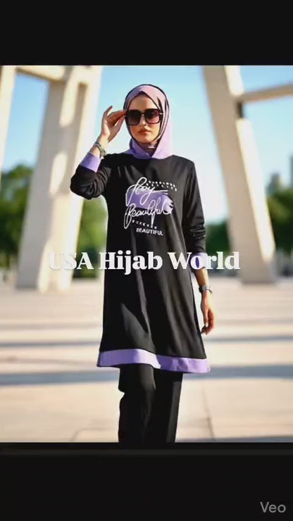 Turkish Modest Outfit 2Pcs Hooded Long Sleeve Tunic Set