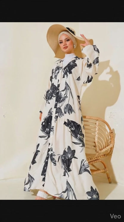 Modest Turkish Dress with Patterned Collar Black Beige