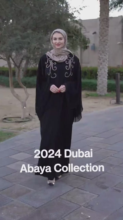 Front-Open Modest Abaya with Crystal Handwork on the Front and Shoulders in Black