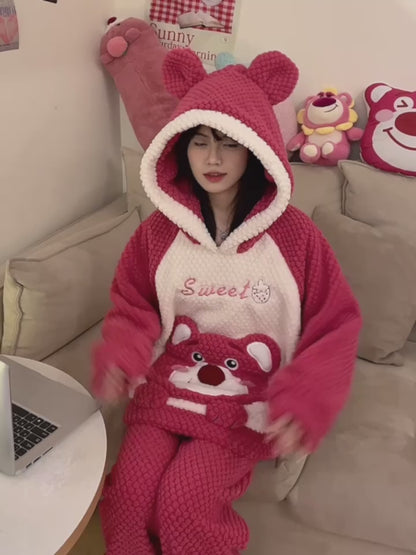 Winter Warm Thick Oversized Happy Bear Hooded Pajama Set