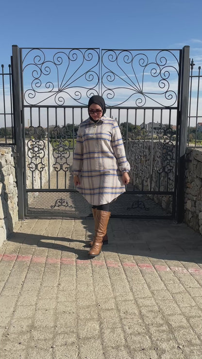 Modest Winter Wear-Turkish Long Hooded Tunic Outfit for Women in Beige