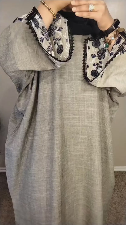 2 Piece Oversized Embroidery Linen Dubai Abaya