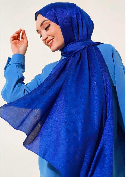 Turkish Shiny Jacquard Pattern Cotton Shawl Blue - USA Hijab World