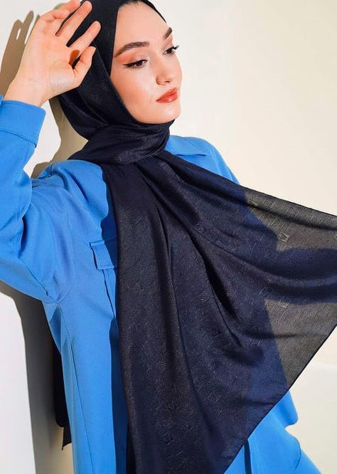 Turkish Shiny Jacquard Pattern Cotton Shawl Navy Blue - USA Hijab World